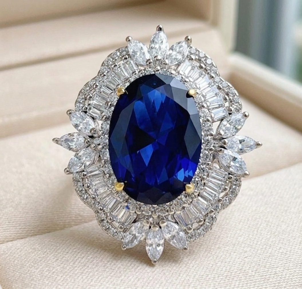 Bague Couronne Impériale — Saphir Bleu Roy & Double Halo Ballerine