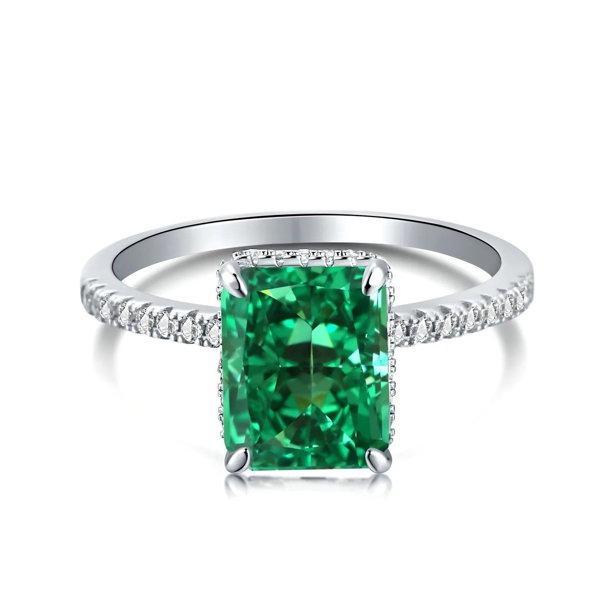 Solitaire "Émeraude Royale" – Argent Rhodié & Radiant Vert Intense (4ct)