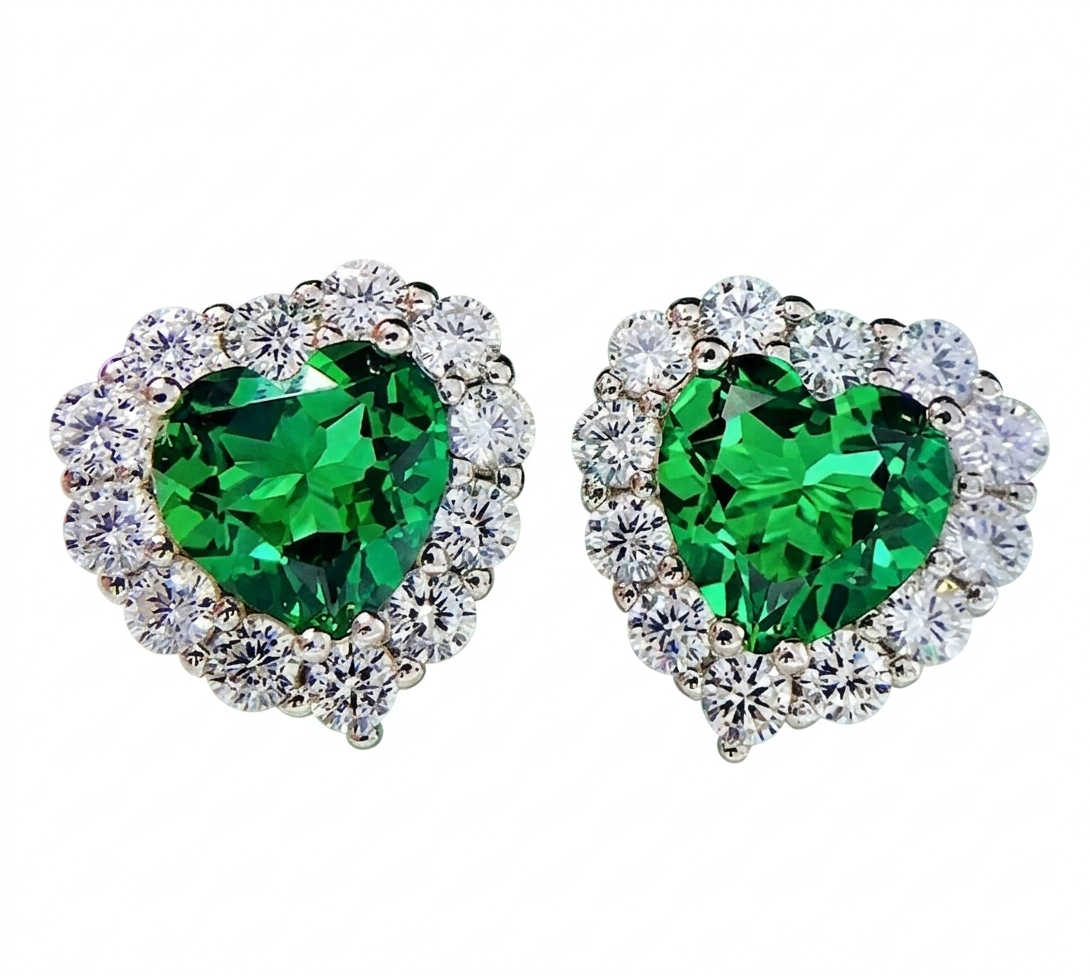 Boucles d'oreilles clou en forme de cœur émeraude avec diamants 💎