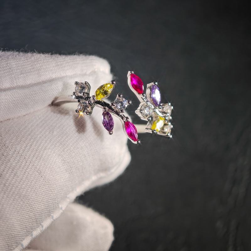 Bague Ouverte en Argent 925 avec Améthyste, Citrine & Rubis