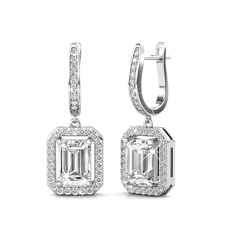 Boucles d'oreilles pendantes en argent avec contour de diamants taille émeraude
