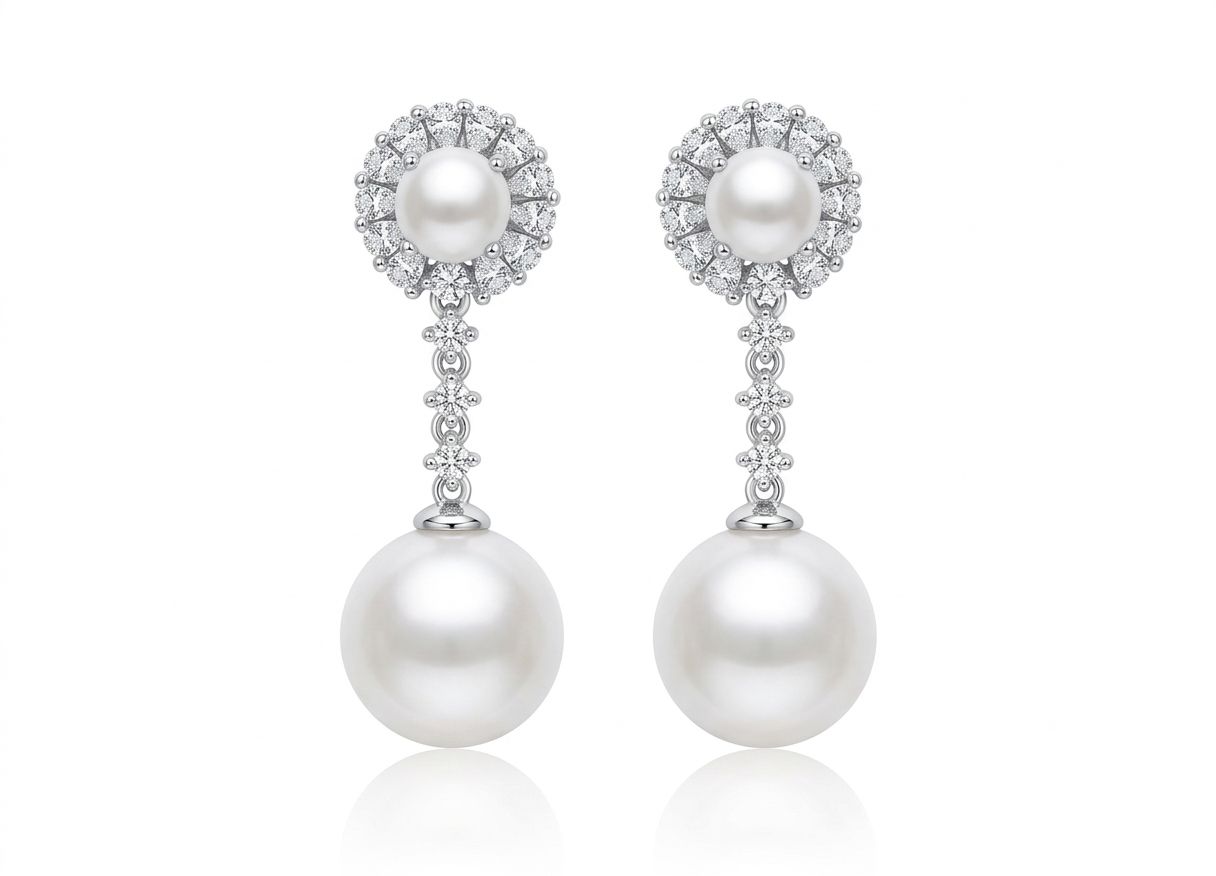 Boucles d'oreilles percées classiques en perles rondes et diamants blancs💎