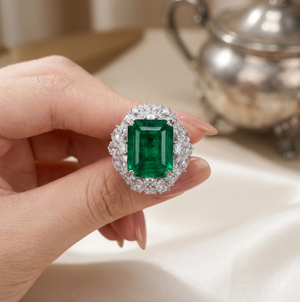 Bague Émeraude Royale – Halo Pavé