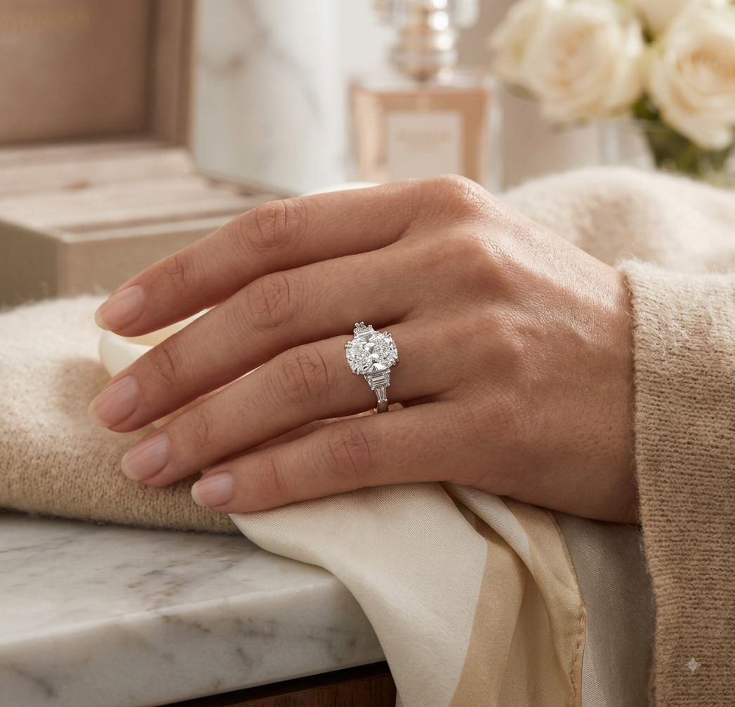Bague de Fiançailles Ovale 3,5 Carats à Pierres Multiples – Pierres Latérales Taille Baguette Effilée