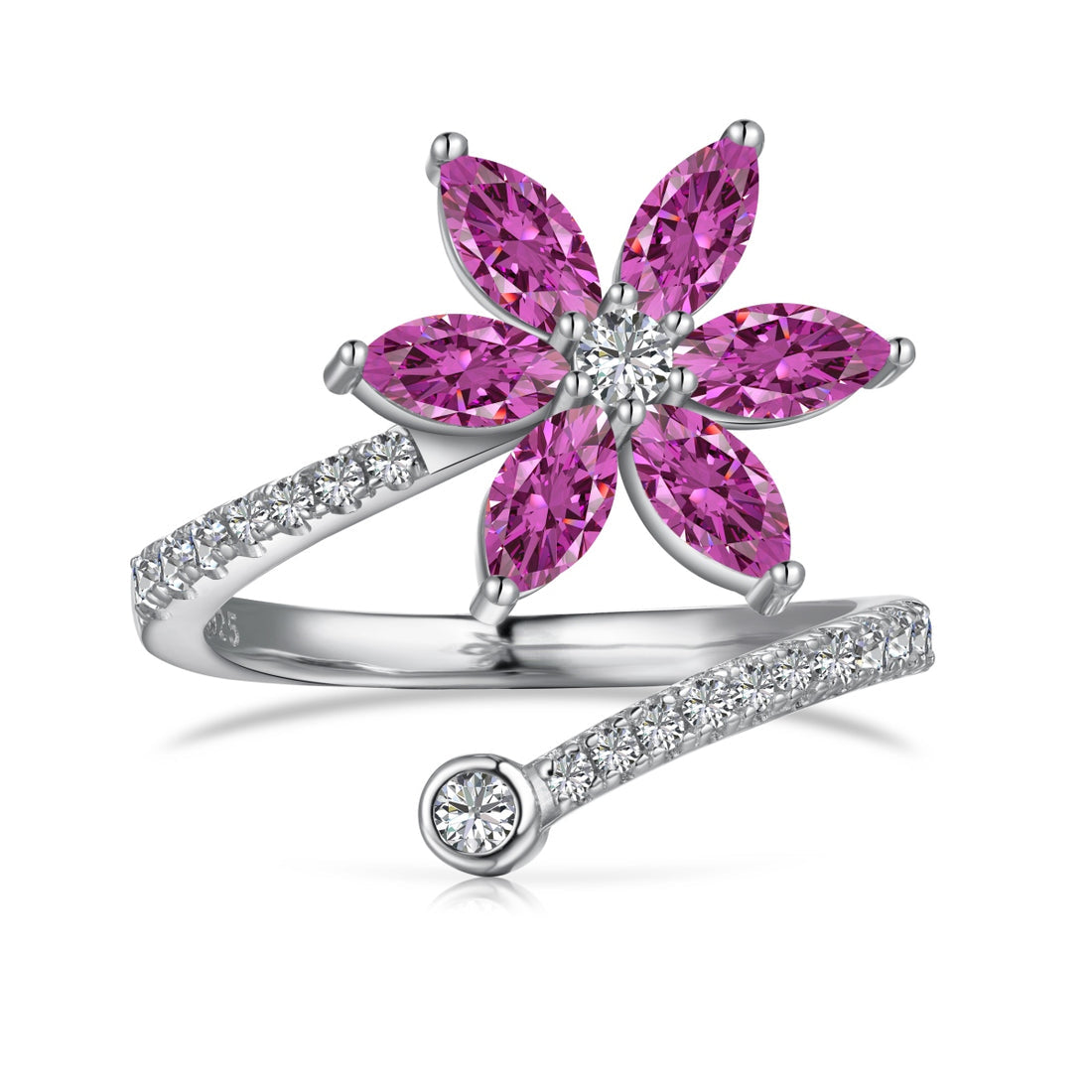 Bague "Envolée Florale" en Argent Sterling et Moissanite Bicolore (Rose Fuchsia & Claire)