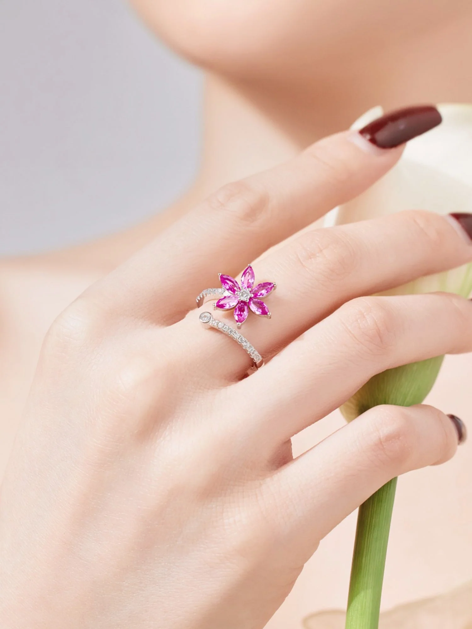 Bague "Envolée Florale" en Argent Sterling et Moissanite Bicolore (Rose Fuchsia & Claire)